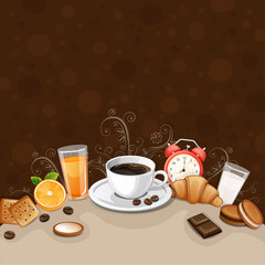 Breakfast background with coffee ,croissant,biscuits and cookies.