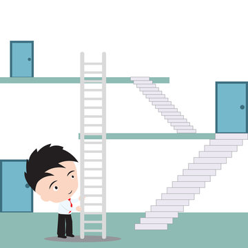 Businessman uses stairway to shortcut for going up to the top, vector illustration in flat design