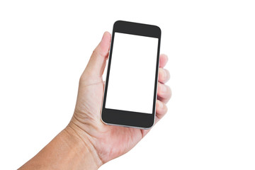Hand holding blank screen mobile phone isolated on white backgro