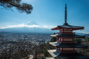 view of Shureito pagoda and Fuji mountain in Japan