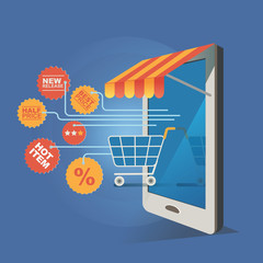 vector illustration concept for on line store. Digital marketing. Buy on line. Mobile payment