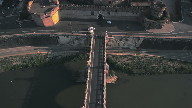 Aerial Roman architecture and Castel Sant angelo fortress and bridge view in Rome, Italy.