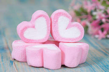 Valentine candies on color wood.selective focus.