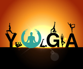 silhouettes in the yoga poses on a early morning  background, world yoga day, design templates for spa center or yoga studio - vector eps10