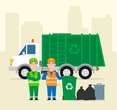 Garbage Collection .garbage Truck Garbage Man In Uniform Waste Bag Recycle Bin. Waste Management Concept Illustration