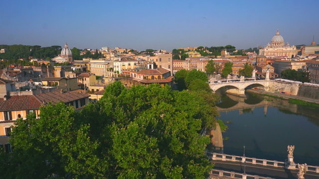 Aerial Roman architecture and Castel Sant angelo fortress and bridge view in Rome, Italy.
