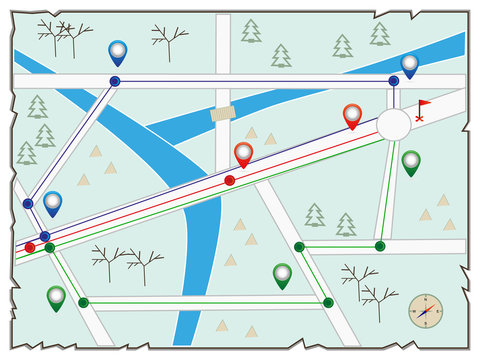 Map of  island (treasure map, gps map, illustration of the winter city maps, street map showing road with points and compass star)
