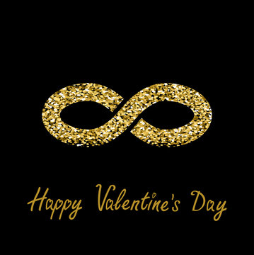 Limitless red sign with heart symbol. Infinity icon. Happy Valentines Day. Flat design. Gold sparkles glitter texture Black background.
