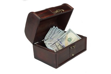 Vintage Opened Wood Box With Dollar Cash Isolated On White