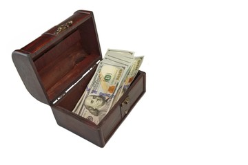 Open Retro Wood Box With Dollar Cash Isolated On White