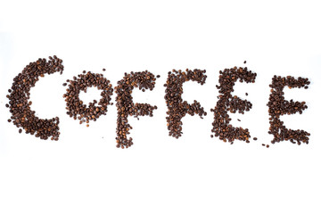 word Coffee written with coffee beans