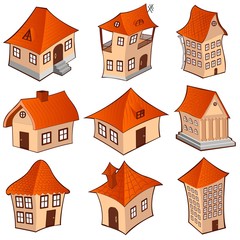 set of cartoon houses and buildings isolated on white