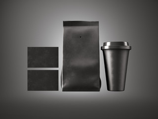 Set of paper package, coffee cup and two blank business cards. Black background. Horizontal. 3d render