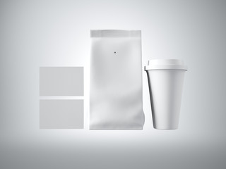 Set of coffee package, take away cup and two blank business cards. White background. 3d render
