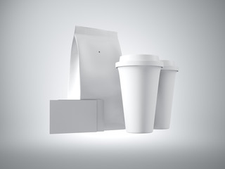 Set of blank paper package, take away cups and two empty business cards.  3d render