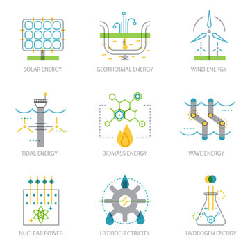 Trendy linear design set of icons on electricity generation plants.