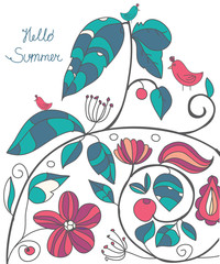 background beautiful bright floral print with lettering Hello summer