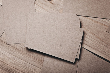 Fototapeta premium Set of blank businesscards on wood table. Horizontal