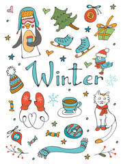 Amazing collection of hand drawn winter related graphic elements