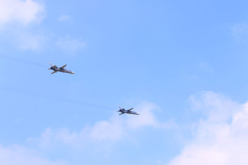 Fototapeta na wymiar PERM, RUSSIA - JUN 27, 2015: Two Su-24 aircrafts on airshow 