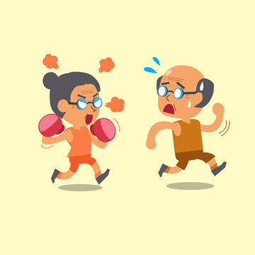 Cartoon sport old woman and old man