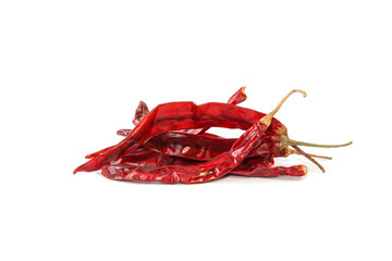 Dried red chili pepper on white background, Cayenne, Herb, Food ingredient.