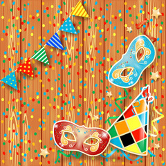 Carnival background with festoon, masks and hat