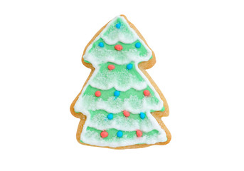 cookie christmas tree gingerbread with snow isolated on white