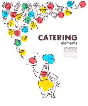 Hand drawn artistic catering illustration, restaurant menu cover template.