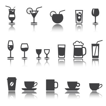 set of icon. Glassware for beverages. Cocktails, glasses and cup. shadow reflection