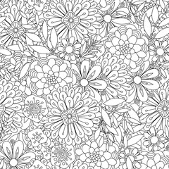 Doodle art flowers seamless pattern. Hand drawn black and white herbal background. Flowers and leaves