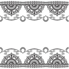 Indian, Mehndi Henna line lace element with flowers pattern card for tattoo on white background