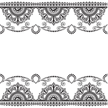 Indian, Mehndi Henna line lace element with flowers pattern card for tattoo on white background