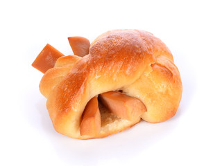 Bread stuffed with hotdog on white background
