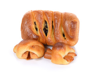 Bread stuffed with hotdog and Raisin Bread on white background