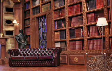 Classical library room with leather armchair, wooden table and bookcase