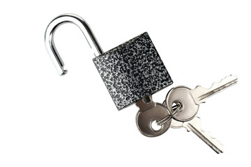 new grey padlock is open near  the keychain on a white background