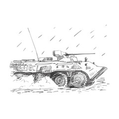An armoured personnel carrier (APC). Russian BTR. Vector freehand pencil sketch.