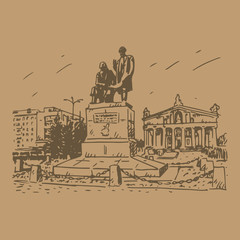 Monument to the father and son Cherepanov, inventors of the first Russian locomotive at the Theater Square in Nizhny Tagil, Russia. Vector pencil sketch by hand.