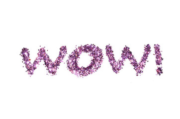 Word Wow! of purple glitter sparkle on white background