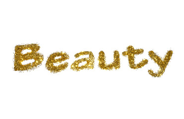 Word Beauty of golden glitter sparkle on white background