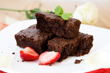 Beautiful chocolate cake with fresh Strawberries.