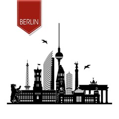 Berlin-Ansicht Skyline mit rotem Maker - Funkturm Berliner Bär Rotes Rathaus Fernsehturm Potzdamer Platz Gedächtniskirche Reichstag Brandenburger Tor
