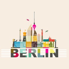 Berlin Musaik Skyline bunt Stadtansicht mit wichtigen Sehenswürdigkeiten Siegessäule Brandenburger Tor Fenrsehturm Potzdamer Platz Berliner Bär © Jyll