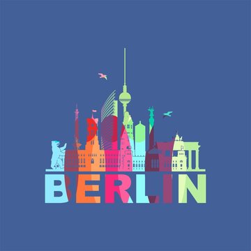 Berlin kunterbunt mit wichtigen Sehenswürdigkeiten Reichstag Brandenburger Tor Berliner Bär Funkturm Gedächtniskirche Fernsehturm Rotes Rathaus