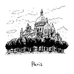 Obraz premium The Basilica of the Sacred Heart of Paris, France. Travel Paris icon. Vector hand drawn sketch.