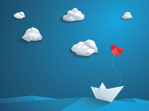 Valentine's day card design template. Low poly paper boat with heart shaped balloon sailing over the waves. Blue sky and polygonal clouds.