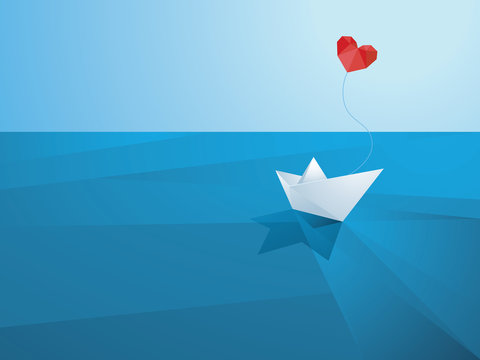 Valentine's day card design template. Low poly paper boat with heart shaped balloon sailing over the waves.