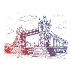 Tower Bridge, London, England, UK. Hand Drawn Illustration.