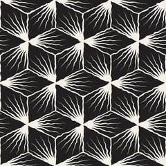 Vector Seamless Black And White Hand Painted Geometric SunBurst Lines Cubic Pattern